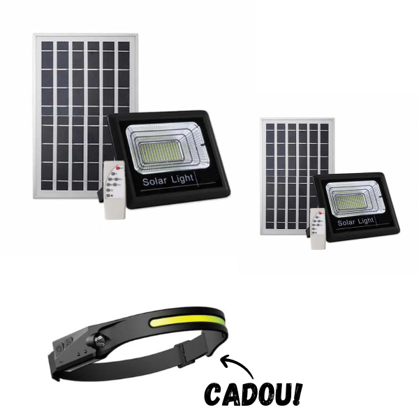 Set 2 x Proiector Solar 100W Jortan, lampa incarcare solara + panou solar rezistent la apa, telecomanda + Lanterna de cap cu acumulator CADOU