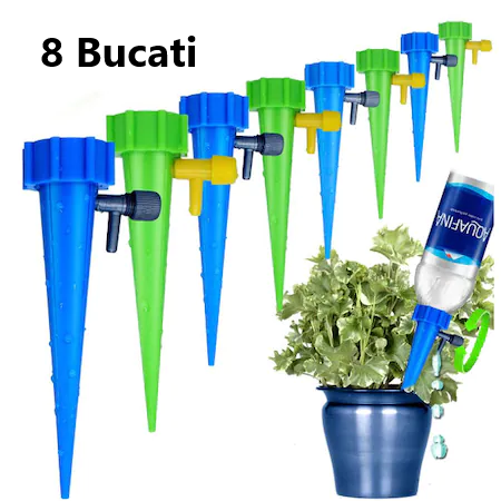 Set 8 dispozitive automate de udare prin picurare , cu Sistem Reglabil al Debitului pentru ghivece flori + Furtun extensibil 22 m cadou